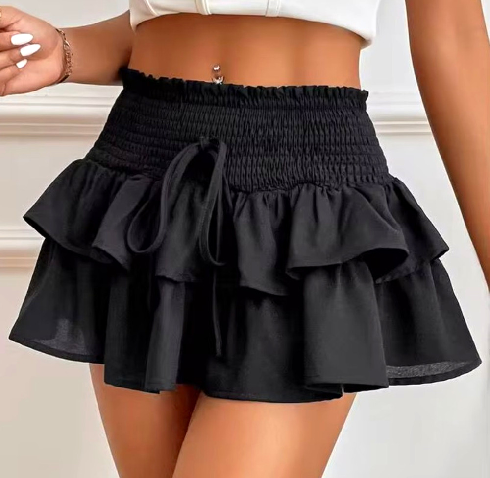 SHEIN Prive Womens S Black Tiered Ruffle Skort Mini Skirt Smocked Shorts